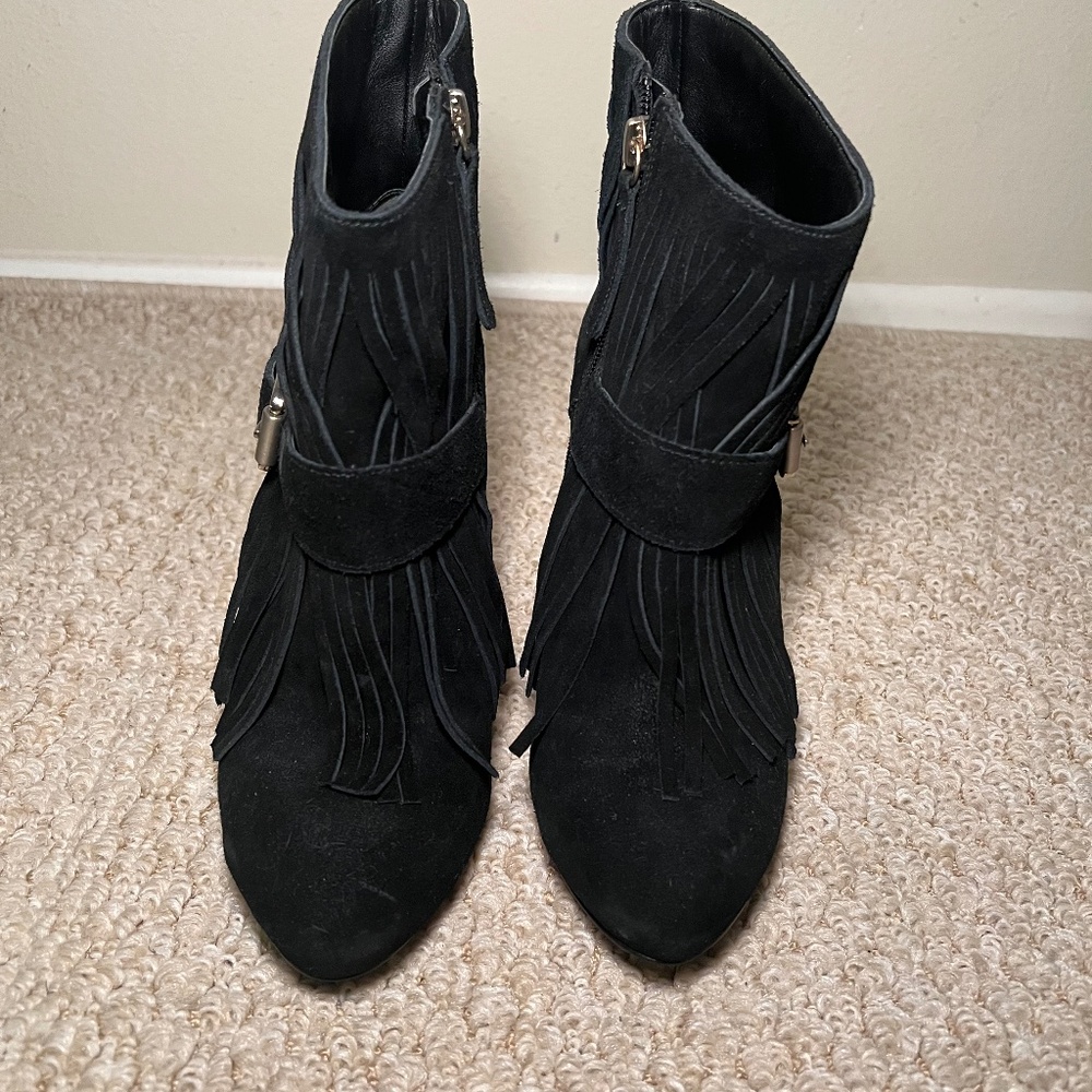 Guess Black Suede Fringe Stiletto Booties – Size 7.5